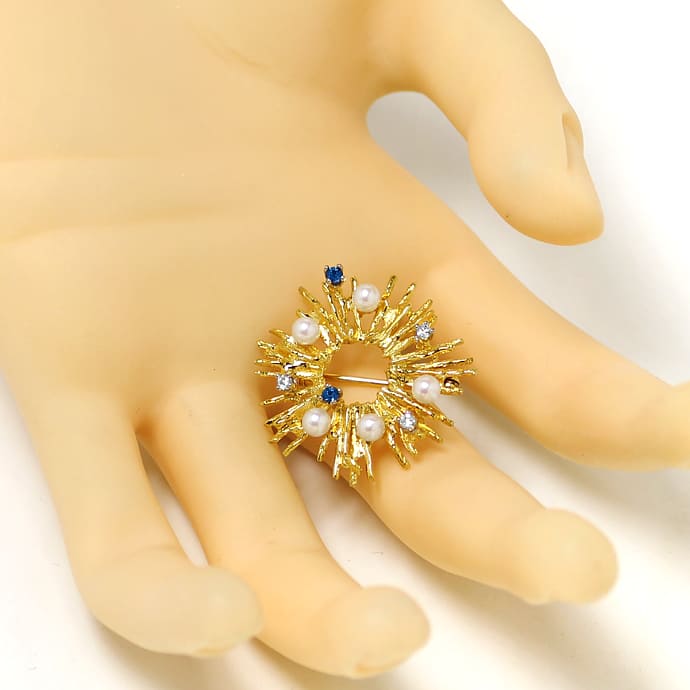Foto 3 - Sonnen Goldbrosche mit Diamanten Safiren und Perlen 14K, Q0215